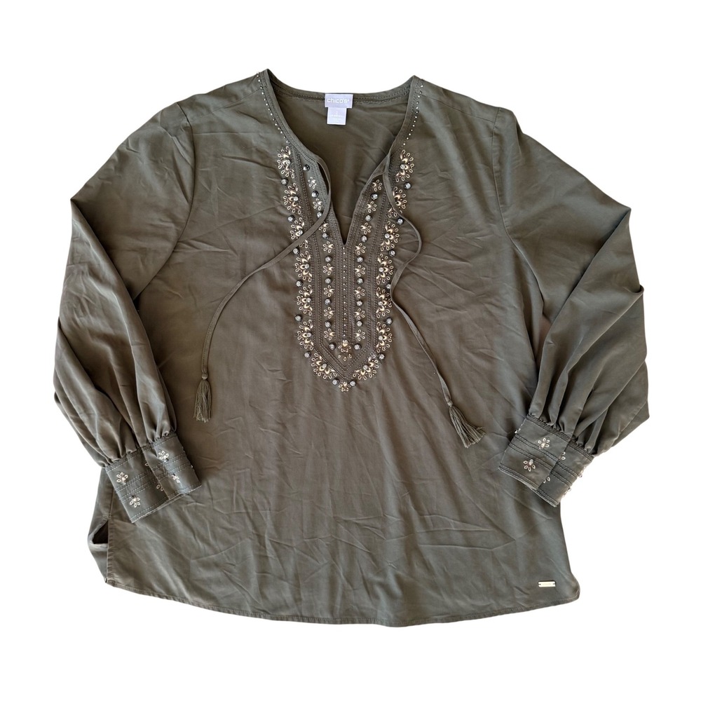Chicos Olive Green Beaded Tunic Top Long Sleeve V Neck Tassel Size 2 Boho Casual